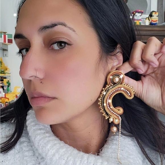 Soutache earrings gold handmade brown - Picture 4 of 4